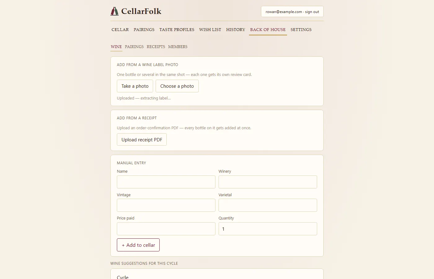 The same screen reading “Uploaded — extracting label…” under the photo buttons.