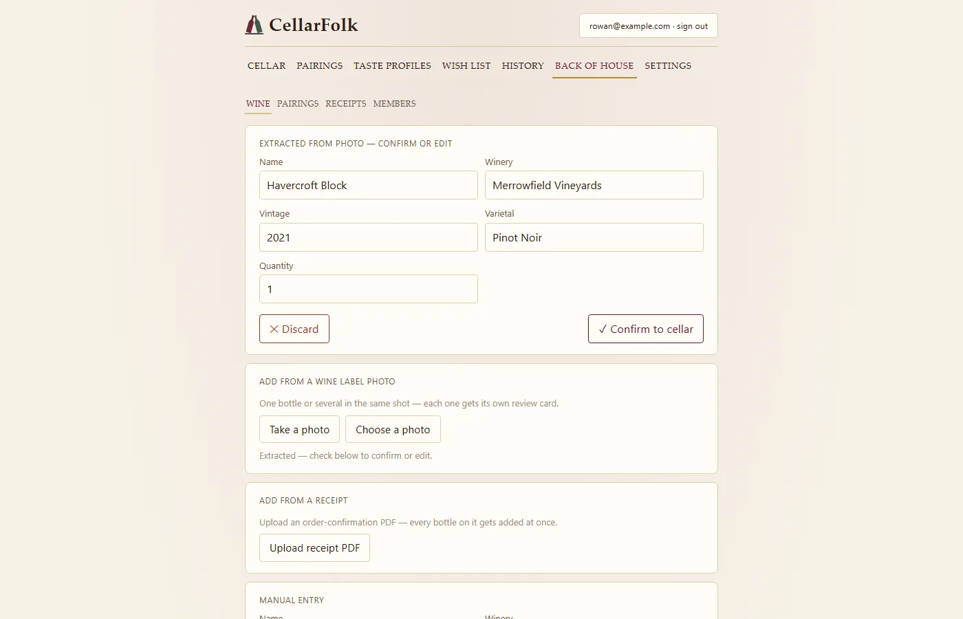 A confirmation card headed “Extracted from photo”, filled in with Havercroft Block, Merrowfield Vineyards, 2021, Pinot Noir, and a Confirm to cellar button.