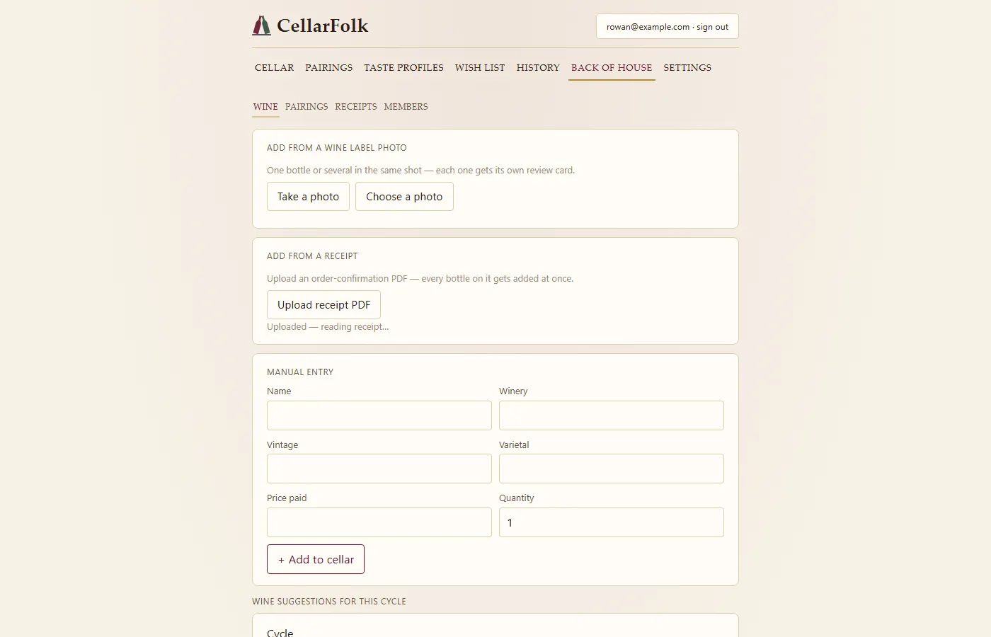 The same screen reading “Uploaded — reading receipt…” under the upload button.