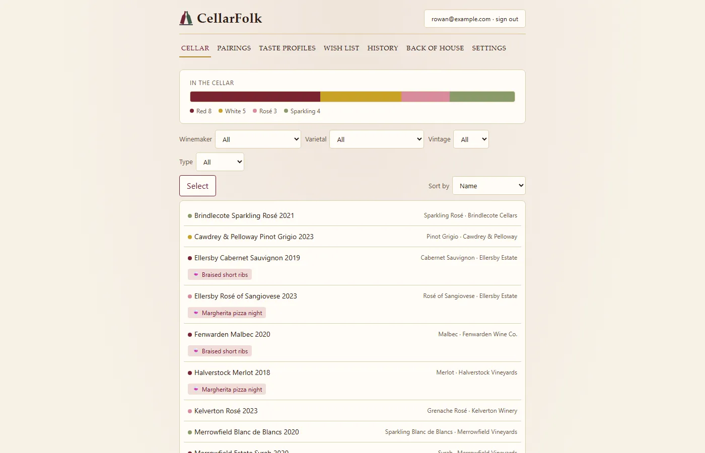 The CellarFolk cellar screen: a coloured bar showing 8 red, 5 white, 3 rosé and 4 sparkling bottles, filters for winemaker, varietal, vintage and type, and a list of bottles including Fenwarden Malbec 2020 and Brindlecote Sparkling Rosé 2021, each tagged with the meal it is planned for.