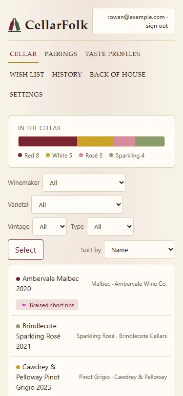 The same cellar screen on a phone: the CellarFolk header, tabs wrapped onto three lines, the colour bar and the first few bottles in a single column.
